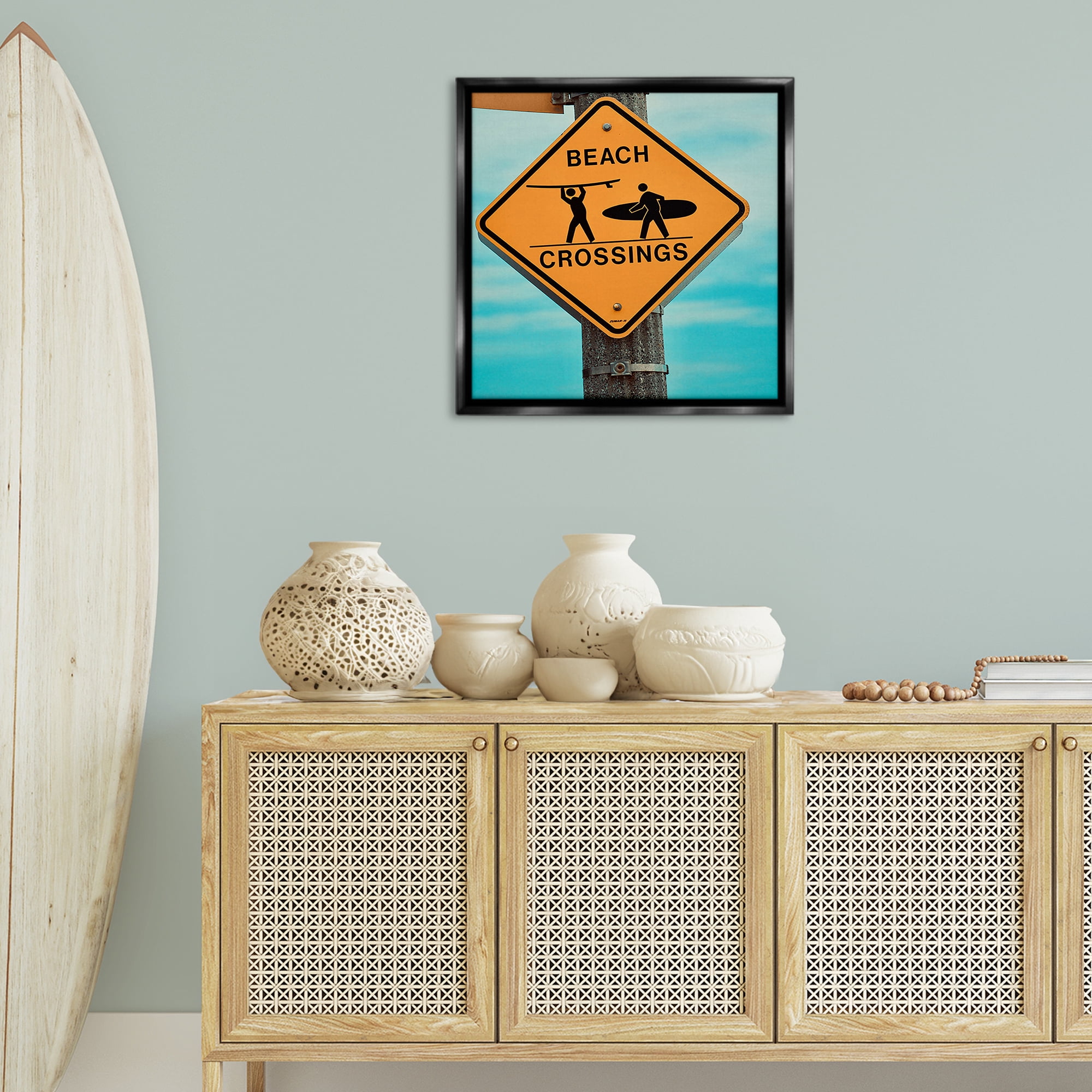 Stupell Industries Beach Crossing Sign Nautical & Beach Photography Black Floater Framed Canvas Art Print Wall Art, 25 x 25