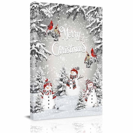 Canvas Wall Art Grey Merry Christmas Framed Canvas Prints for Kitchen Bedroom Snowman Xmas Tree Snowflake Winter Birds Small Gallery Wrapped Wall Decor for Home Office Gifts 8 x12 Ship Next Day