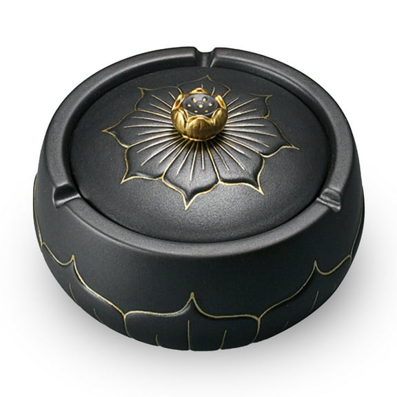 Qeeadeea Vintage Ashtray With Lid, Ceramic Ashtray Windproof, Small Decorative Ashtray For Cigarettes Outdoor, Cigar Ashtrays, Chinese Retro Decoration-black lotus-12x12x8cm, 450ml