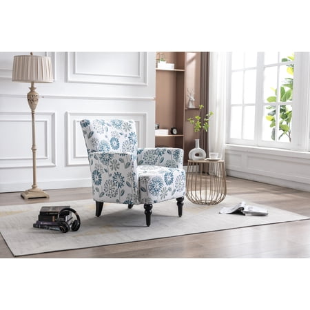 Armchair Modern Accent Sofa with Linen surface,Leisure Chair with solide wood feet for living room bedroom Studio,White Blue