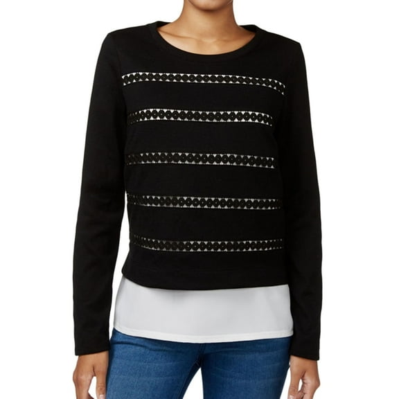 maison Jules Womens Cutout Layered Look Embellished T-Shirt, Black, Large