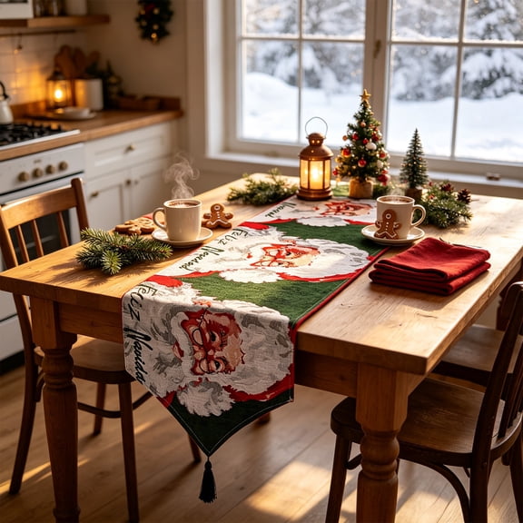 Christmas Table Runner, Vintage Santa Claus Printed Table Runner with Black Tassel Tip 丨 Holiday Dining Table Kitchen Family Xmas Party Decor, 55"x13"