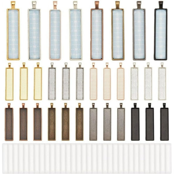 DIY 64 Pcs 8 Colors Blank Pendants Trays Including 32 Pcs Glass Cabochons Blank Bezel Charms Rectangle Alloy Cabochon Pendants Making Kits for Jewelry Making Necklace Bracelet DIY