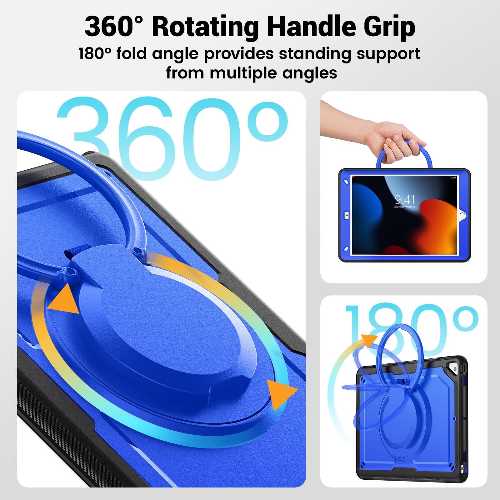Shockproof Case for Apple iPad 9th 8th 7th Gen 10.2 Inch, Hybrid Protective Cover with Pencil Holder & Shoulder Strap Kids Friendly Rotating Kickstand Case for iPad 10.2" 2021/2020/2019,Darkblue