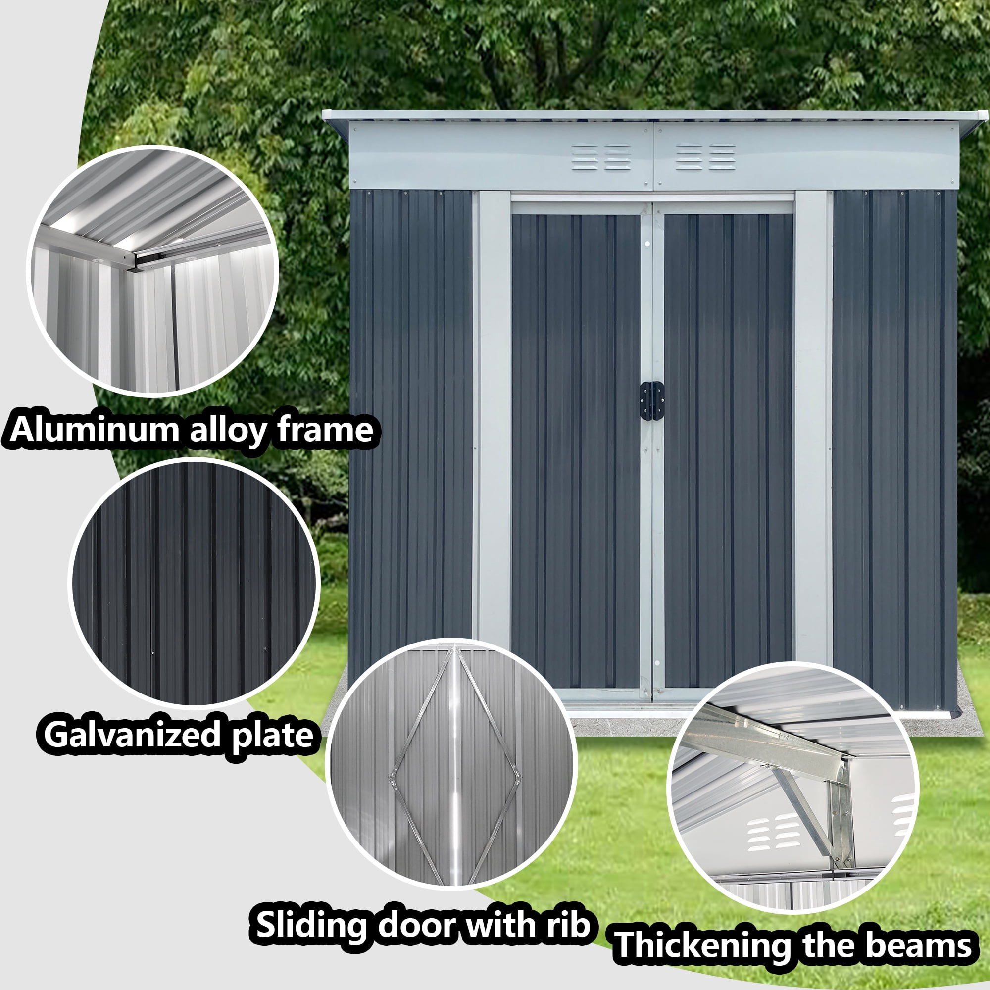Mintazer 6x4 ft Pent Sloped Roof Outdoor Galvanized Metal Storage Shed with Lockable Sliding Double Doors & Top Vents, Weatherproof Garden Tool Storage House for Backyard Patio Lawn, Grey