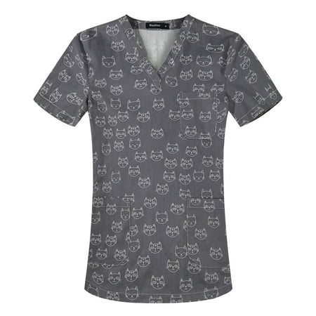 

Women Scrubs Top Short Sleeve V-Neck Cartoon Printed Top Nursed Working Uniform Nurses Clothing Workwear Blouse With Pockets Simple Clothing