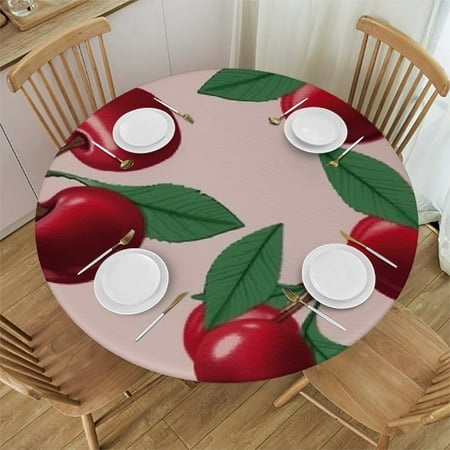 

Red Cherry Round Fitted Tablecloth with Elastic Edge Fruits Cherry Waterproof Wipeable Round Table Cover
