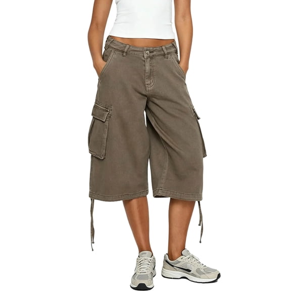Glisme Women's Pants Solid Color Zip Front With Pockets Summer Casual Women Cargo Trousers Size L Brown