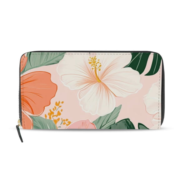 Colorful Hibiscus Florals Palm Leaves Hawaii Women's Long Zipper Wallet Bifold Clutch Purse PU Leather Card Cases