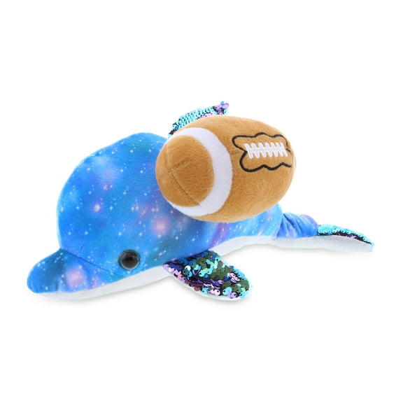 DolliBu Space Sequin Dolphin Stuffed Animal with Football Plush - Soft Huggable Dolphin, Adorable Playtime Plush Toy, Cute Ocean Life Gift, Football Plush Animal Toy for Kids, Adults - 12 Inch