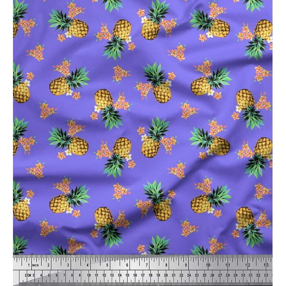 Soimoi Purple Crepe Silk Fabric Peach Floral & Pineapple Fruits Print Fabric by Yard 42 Inch Wide