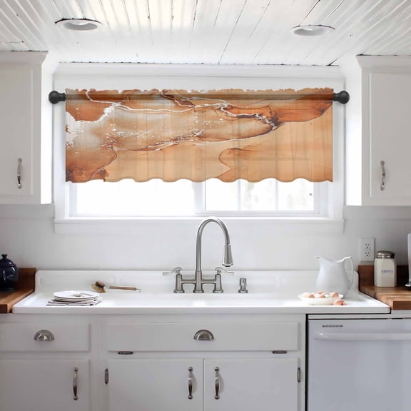 Marble Burnt Orange Valance Curtains for Kitchen/Living Room/Bathroom/Bedroom Window, Modern Abstract Ink Painting Luxury Rod Pocket Small Topper Half Short Window Curtains Voile Sheer Scarf 42"x18"