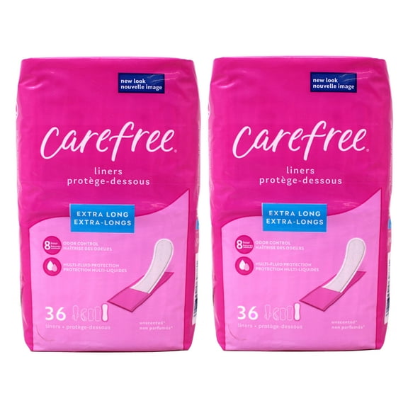 Carefree Regular Panty Liners, Extra Long, Unscented, 8 Hour Odor Control, 36 Ct - 2 Pack