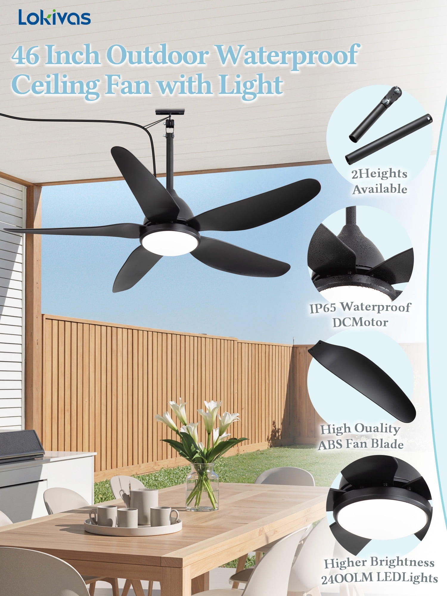 Lokivas 46" Black Waterproof Outdoor Gazebo Ceiling Fan with Light, Quiet 6-Speed DC Motor, IP65 Plug-in Remote Control Hanging Fan for Patio Porch Pergola