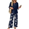 thumbnail image 2 of Two Piece Sets For Women,V Neck 3/4 Sleeve Button Shirts & Printed Wide Leg Long Pants Outfits,Fashion Travel Outfits For Women Holiday Wear, 2 of 6