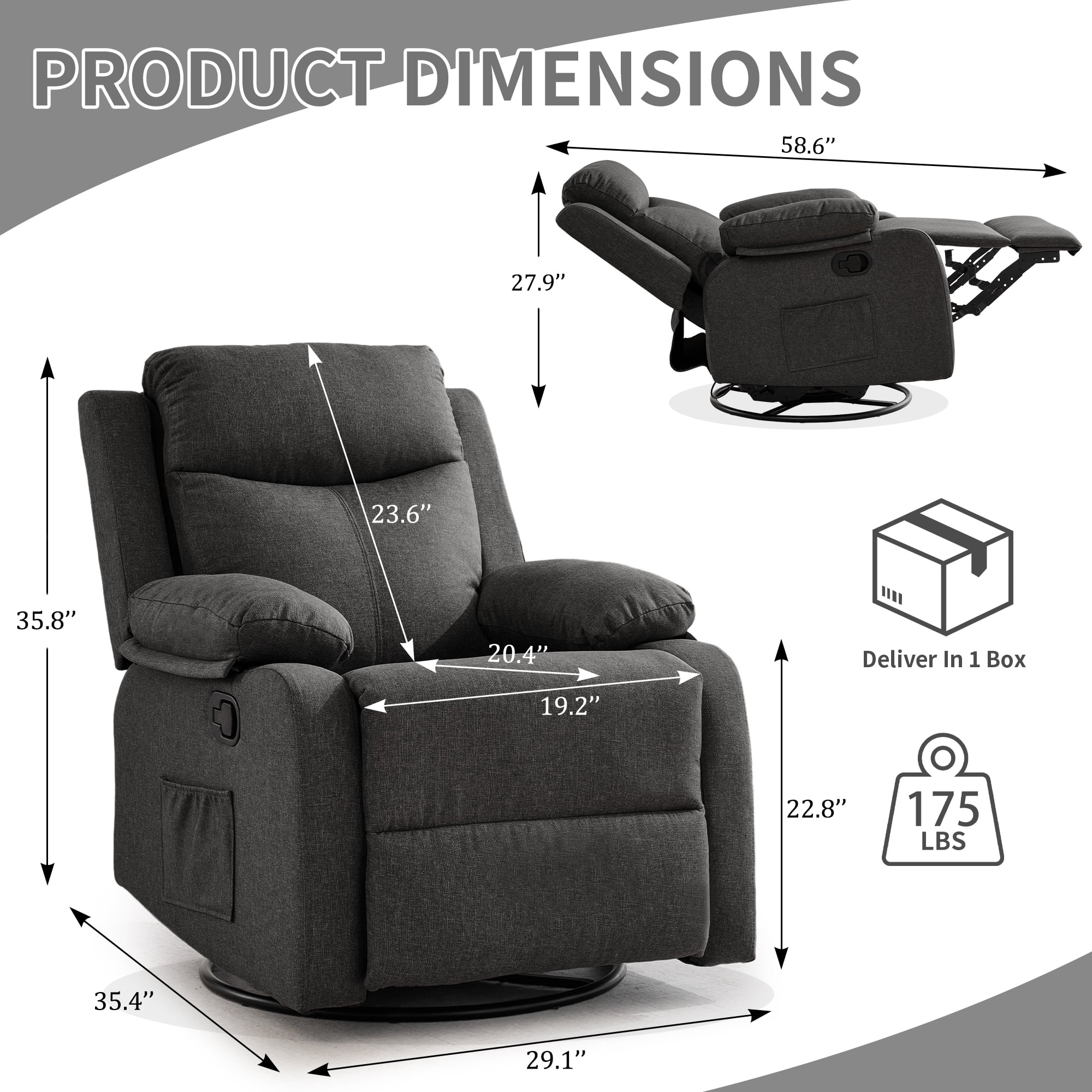 GEEYOO Manual Swivel Rocker Recliner Chair with Side Pockets,Small Recliner Chair for Small Spaces,Upholstered Linen Fabric Glider Nursery Chair for Living Room,Dark Grey