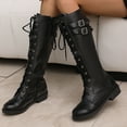 thumbnail image 2 of Knee High Boots Women Lace up Cap Toe Tall Riding Boots Vintage Leather Zipper Low Heel Over the Knee Motorcycle Boots, 2 of 7