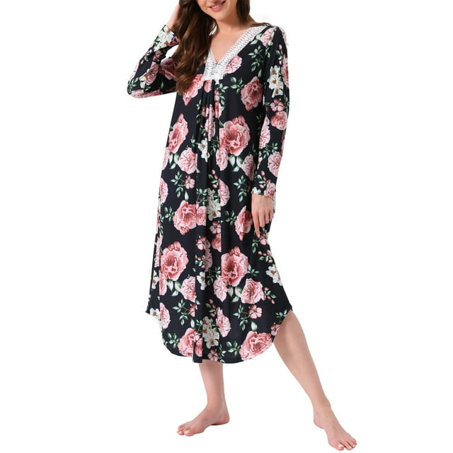 INSPIRE CHIC Vestidos de casa largos de flores para mujeres, camisones de manga larga, pijamas Moomoo XL en negro