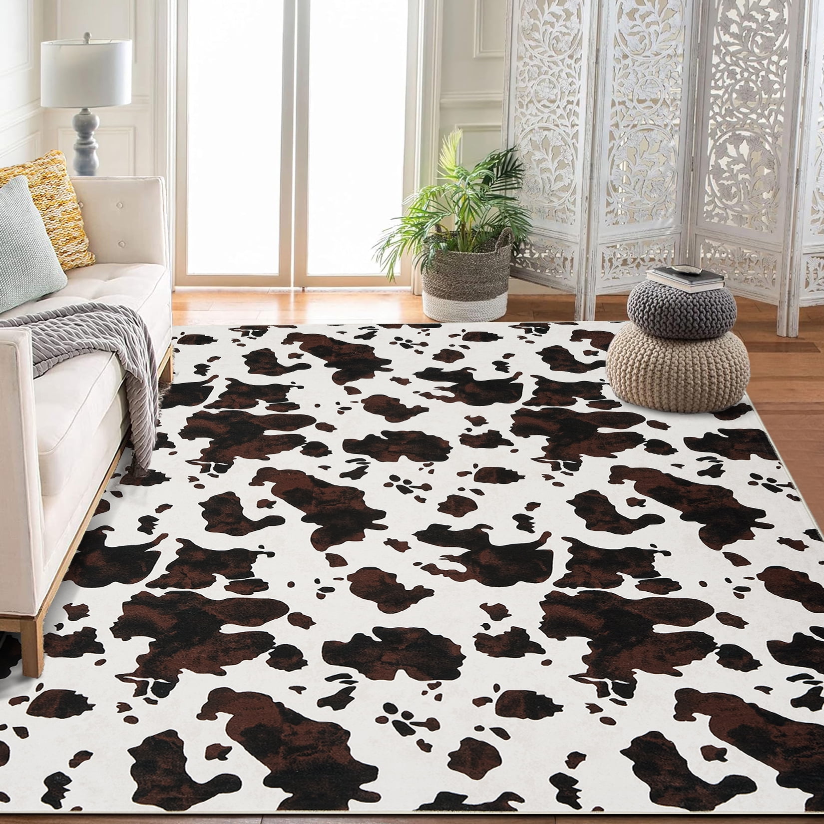 Tzou Cow Print Area Rugs 10' x 13' – Modern Washable Low Pile Throw Rug with Non-Slip Backing, Stain-Resistant Soft Floor Carpet for Living Room, Bedroom, Kitchen (Machine Washable)