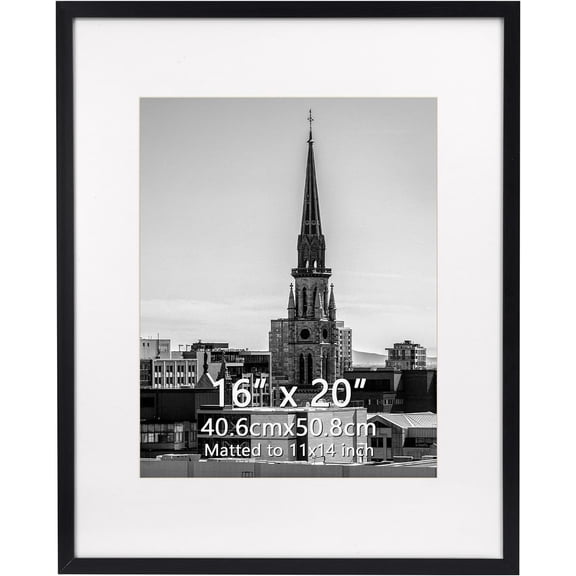 EnjinZZ 16x20 Black Plastic Frame with Plastic Cover, Display Pictures 11x14 with Mat or 16x20 Without Mat, 1 Pack 16 by 20 Frame for Wall Hanging