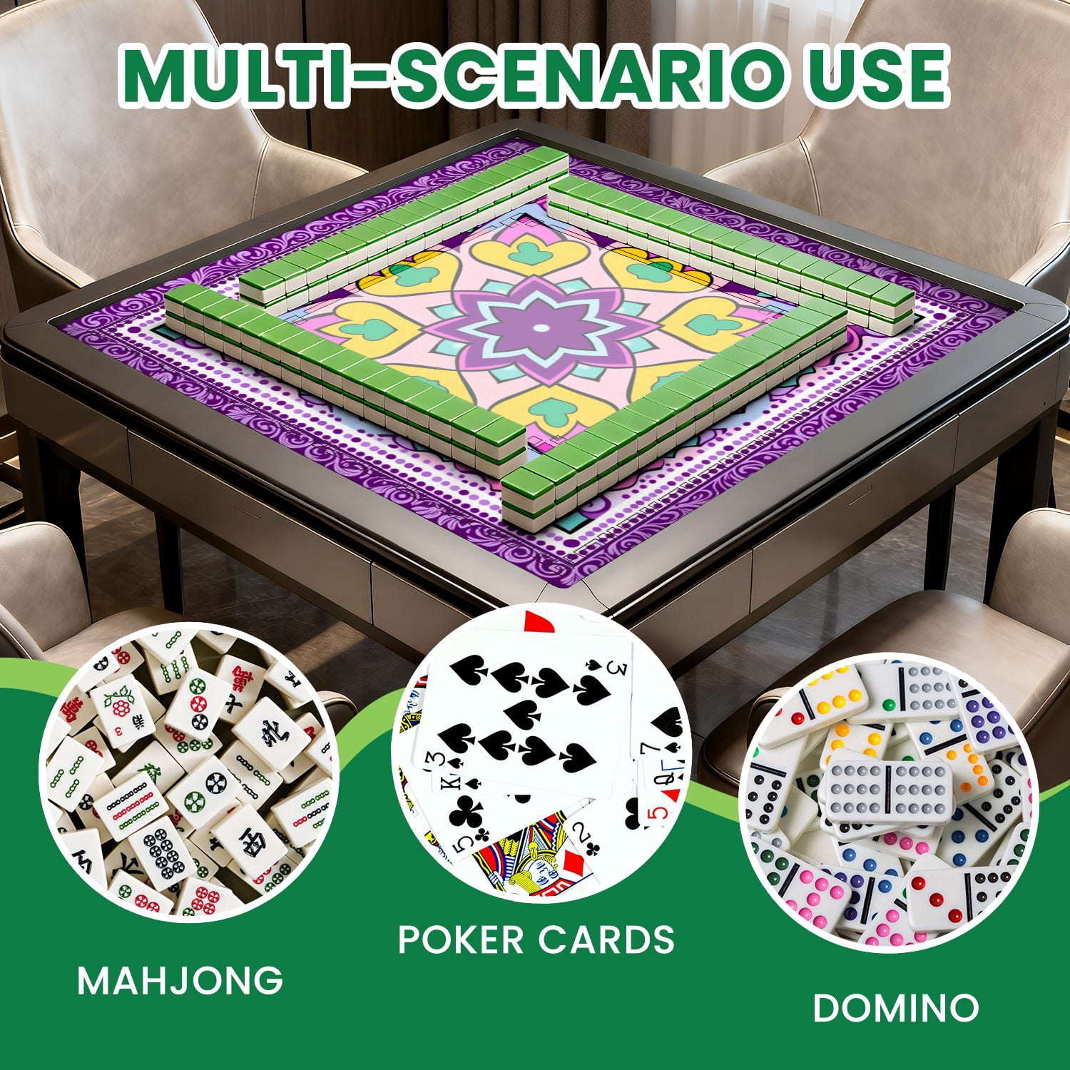 Mahjong Mat 31.5" x 31.5" Colorful Heart Floral Mandala Purple Pink Tones Non-Slip Noise Reduction American Mahjong Tiles Table Cover for Dominoes Poker Card Board Games Gift