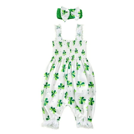 Angala Infant Toddler Baby Girl Romper St Patrick s Day Jumpsuit Bodysuit Tops With Headband Clothes Outfit Cozy Stylish Baby Clothes 6-12 Months