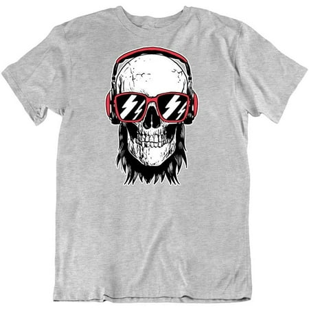 Image of Skull with Headphones and Sunglasses Novelty Humor Fashion Design Cotton T-Shirt Heather Grey