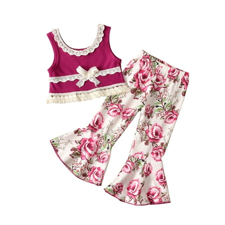 

XINSHIDE Little Toddler Girls Set Tassel Sleeveless T Shirt Tops Floral Flared Bell Bottom Pants Kids Summer Outfits Set Baby Clothing