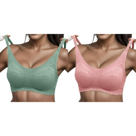 Lojoutye 2 Pack(Green 1PCS & Pink 1PCS) Multipack Women Bras Wireless Pack Woman Lace Thin Underwear Female Transparent Bras for Women Lace Bralette for Ladies