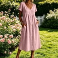 thumbnail image 2 of Horkkom Midi Dresses for Women V Neck Short Sleeve Solid Color Linen Dress Summer Loose Casual Dresses, S-2XL, 2 of 7