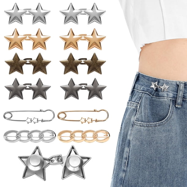 KUNTAERY 12 Piezas Ajustadores de Cintura para Pantalones, Clips de Metal sin Costuras para Jeans y Pantalones, Pasadores de Botones de Estrella Ajustables y Reutilizables