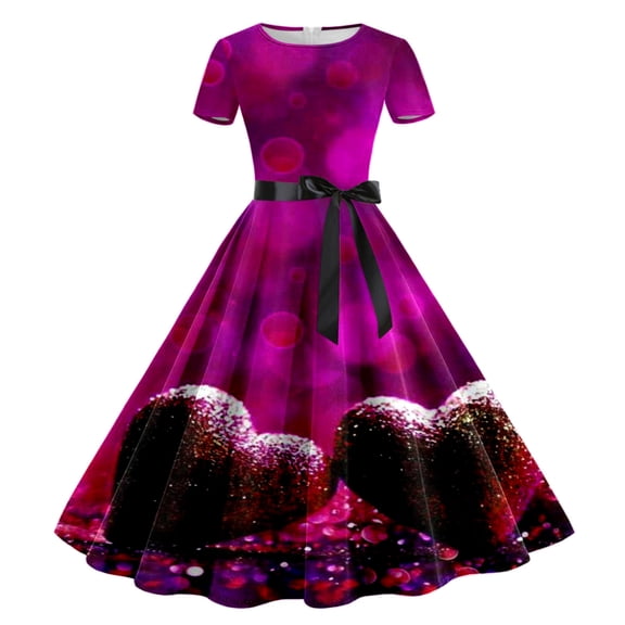 DHFJKG Summer Dresses For Women Casual Crew Neck Heart Printed Short Sleeve Flowy A Line Midi Swing Dress Trendy Dresses