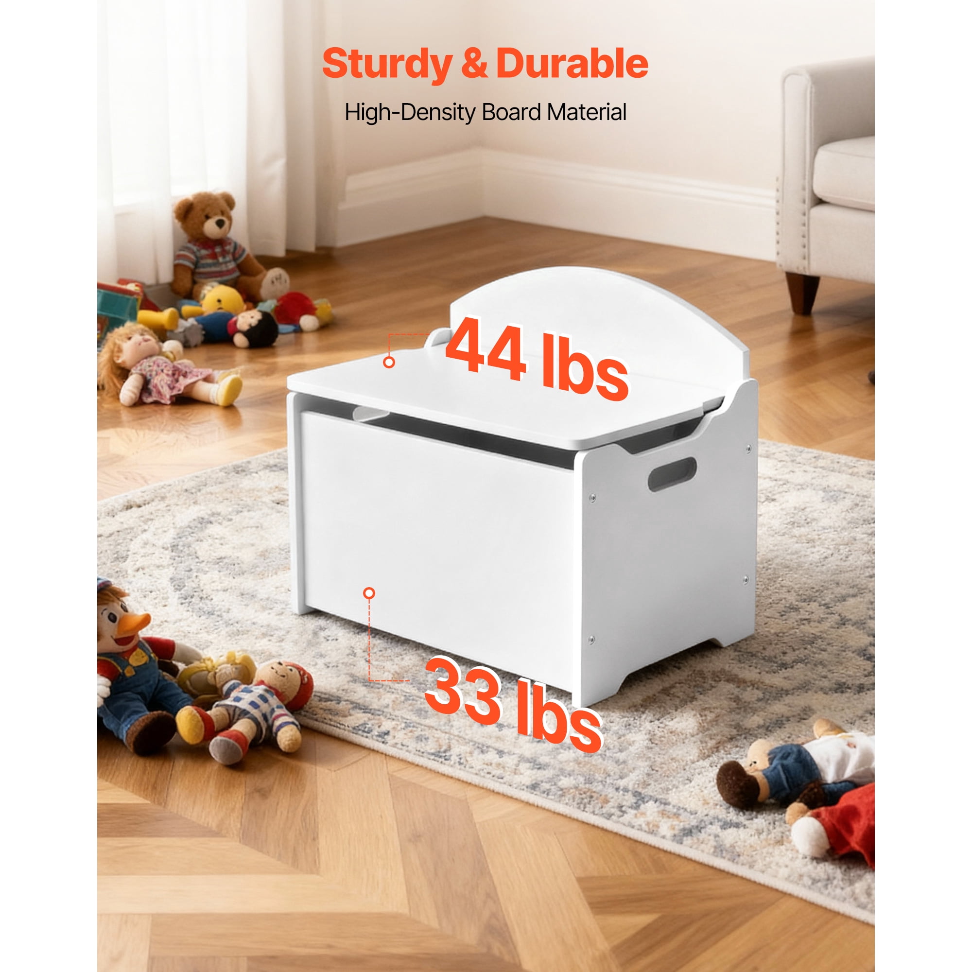 KFFKFF Kids Wooden Storage Bench with Backrest, Spacious Toy Chest with Safety Hinge, Multifunctional Storage Cabinet for Playroom, Living Room, or Entryway, 23.5 x 14.5 x 21.46 in, White