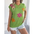 thumbnail image 4 of Women'S Cap Sleeve Floral Short Sleeve Sweater Crew Neck Casual Knit Pullover Tops Green M, 4 of 10