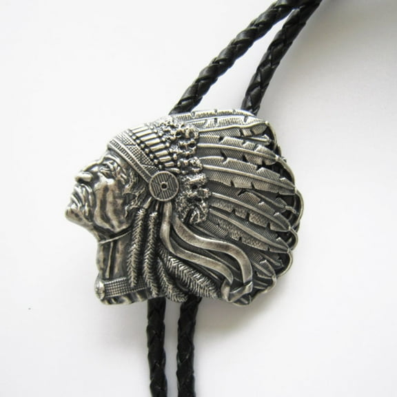 Vintage Silver Plated Oval Western Chielf Wedding Leather Necklace Bolo Tie