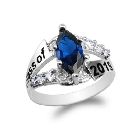 2 Piece Navy Ring - 925 Sterling Silver Graduation Class of 2019 School Ring with 1.25ct Dark Blue Marquise CZ Size 4-10