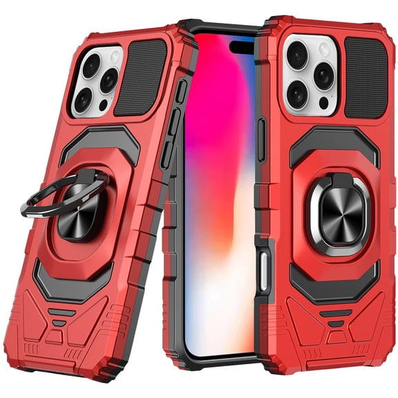 TJS for iPhone 16 Pro Phone Case, [Military Grade] Robotic Magnetic Support Car Mount Metal Ring Holder Kickstand Cover (Red)