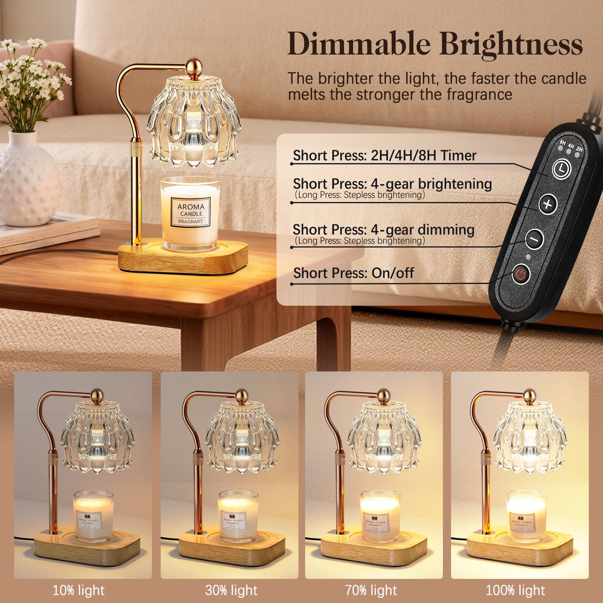 Candle Warmer Lamp with Timer Dimmer, Modern Wax Warmer for Scented Wax Jar Candle Warmer with 2 Bulbs, Adjustable Height Glass Lamp for Gifts,House Warming Gifts, Home Decor, Transparent
