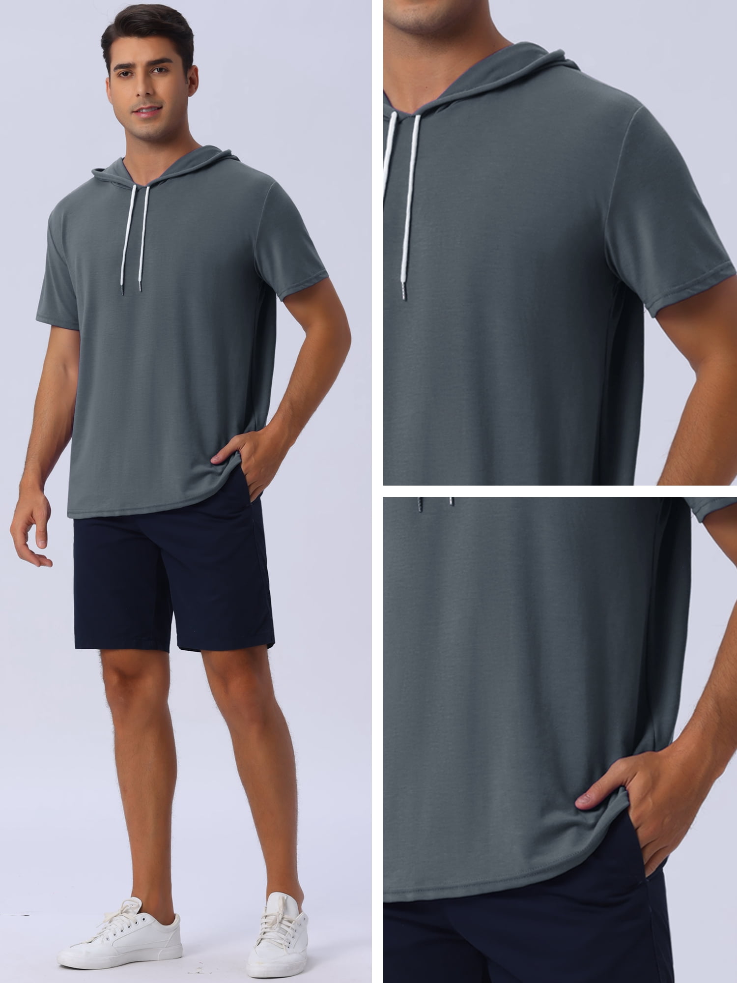 DARING DIVA Men's Casual Short Sleeve Pullover Drawstring Hooded T-Shirt S Dark Gray