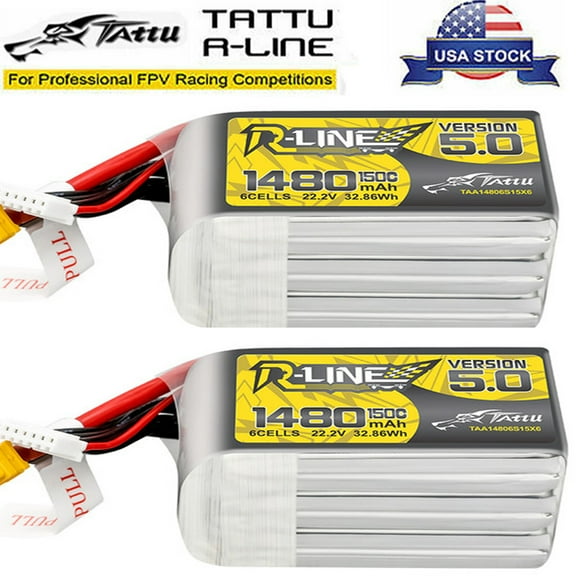 2X Tattu R-Line Version 5.0 1480mAh 150C 22.2V 6S Lipo Battery XT60 Plug For FPV