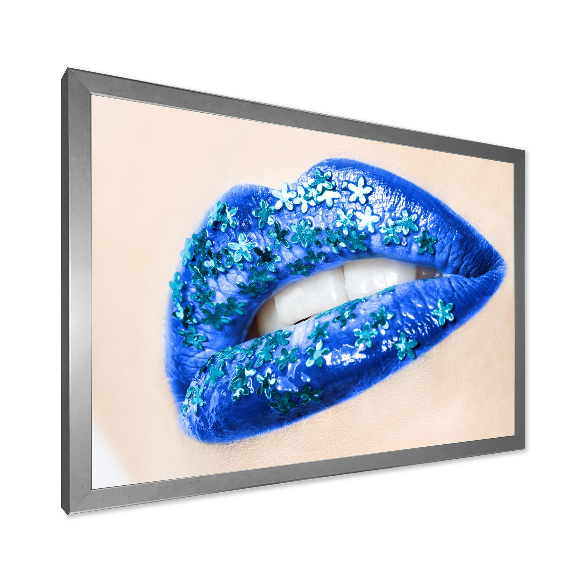 Designart 'Beautiful Woman Lips Blue With Flowers' Modern Framed Art Print