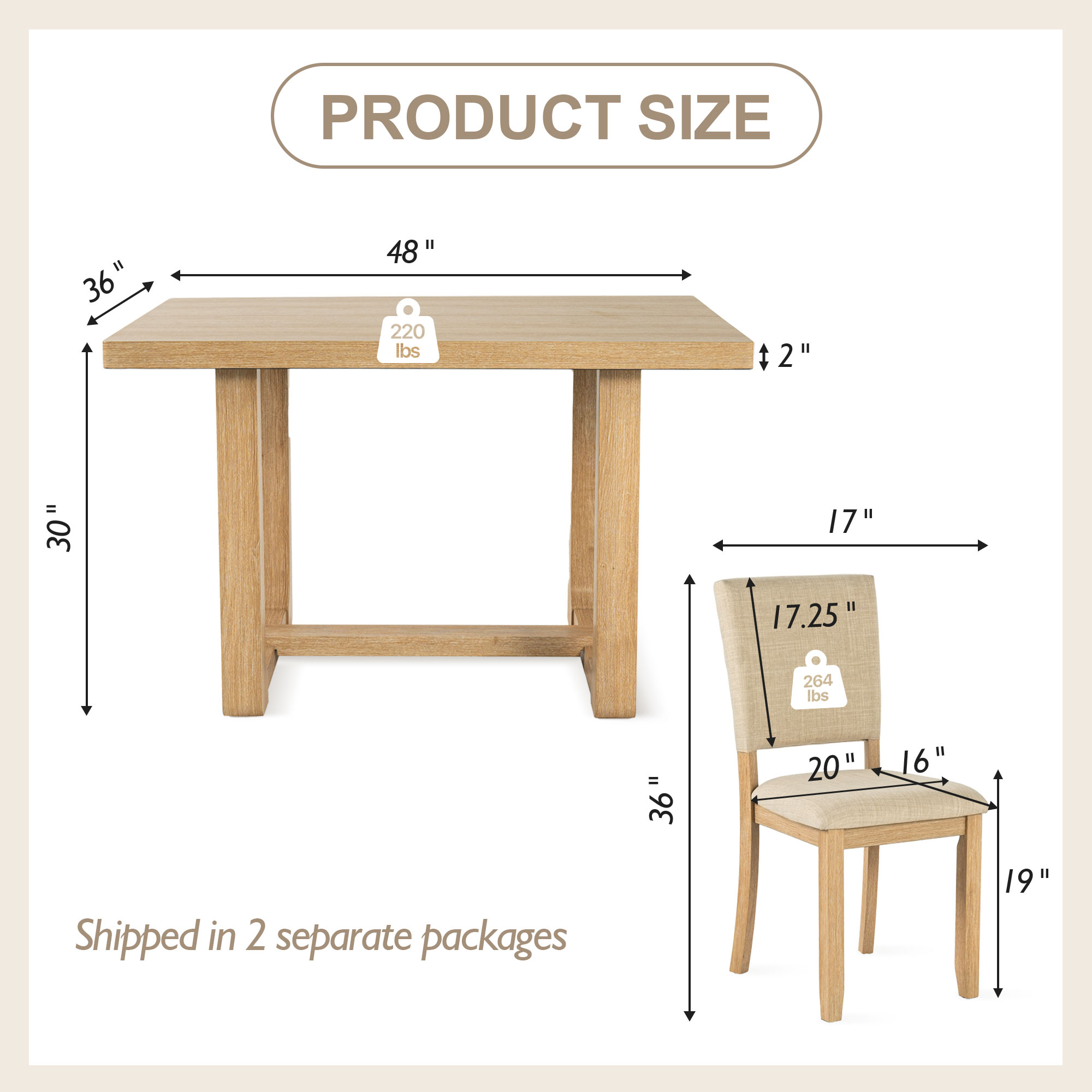 Aukfa Farmhouse 5-Piece Wood Upholstered Dining Set, Light Oak