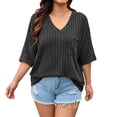 thumbnail image 1 of vdgthytj Womens Plus Size Tops Short Sleeve V-Neck Ribbed Knit Sweater Loose Fitted Summer Casual Tunic with Pocket, 1 of 7
