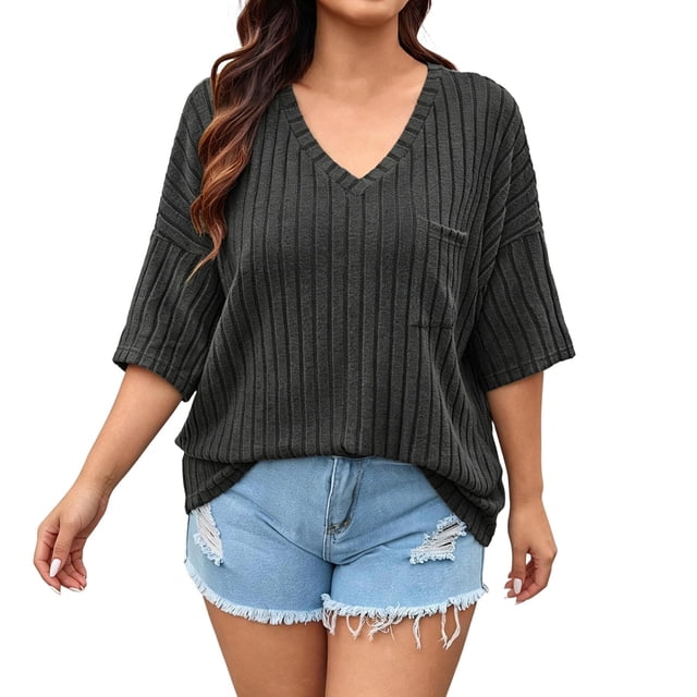 vdgthytj Womens Plus Size Tops Short Sleeve V-Neck Ribbed Knit Sweater Loose Fitted Summer Casual Tunic with Pocket