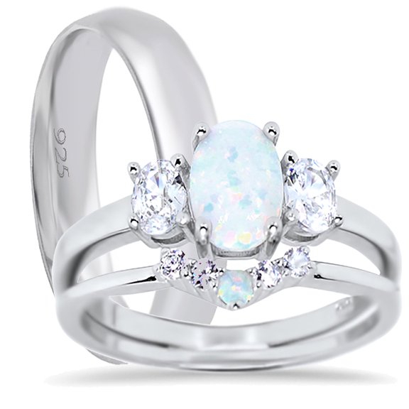 LaRaso & Co His Hers Wedding Ring Set TRIO Matching Couples Opal CZ Engagement Rings 5/9
