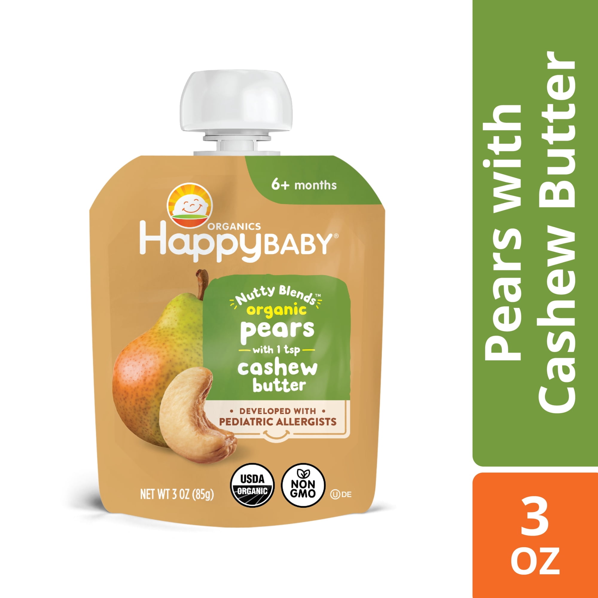 Happy Baby Organics Nutty Blends, Organic Pears with Cashew Butter Organic Baby Food Pouches, 6+ Months, 3 oz