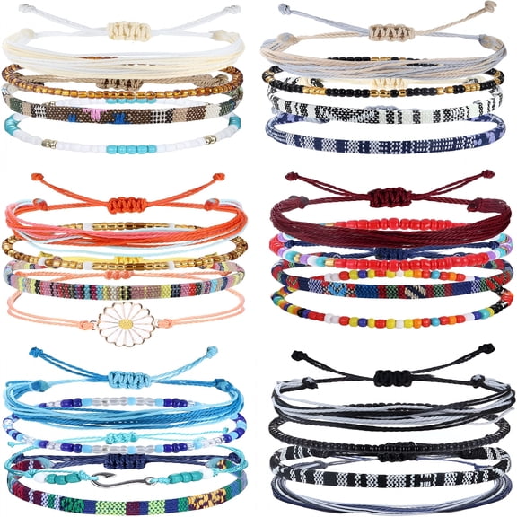 DESIGNICE 24 Pieces Waterproof String Bracelets for Women Surfer Wave Boho Bracelet Adjustable Handmade Friendship Bracelet String Ocean Beach Bracelets Anklets for Women