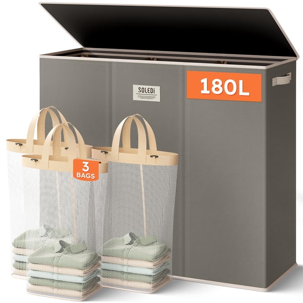 Cesto de Ropa SOLEDI 180L de 3 Secciones con Tapa y Asas