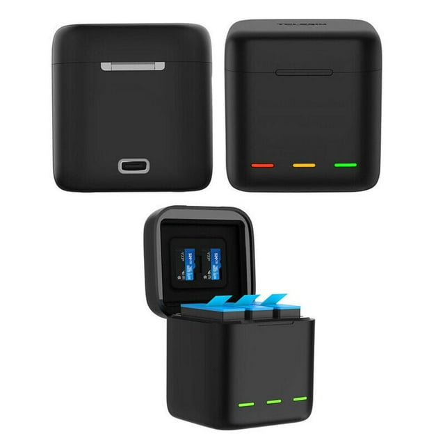 Compact Type-C Charging Case for GoPro Hero 9 Durable Plastic Housing, 3-Battery Support