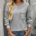 thumbnail image 5 of Women's Long Sleeve Blouses Women's Stripe Brushed Solid Color Round Neck Pocket Casual Loose T-shirt Long Sleeved Round Neck Top, S-2XL, 5 of 7